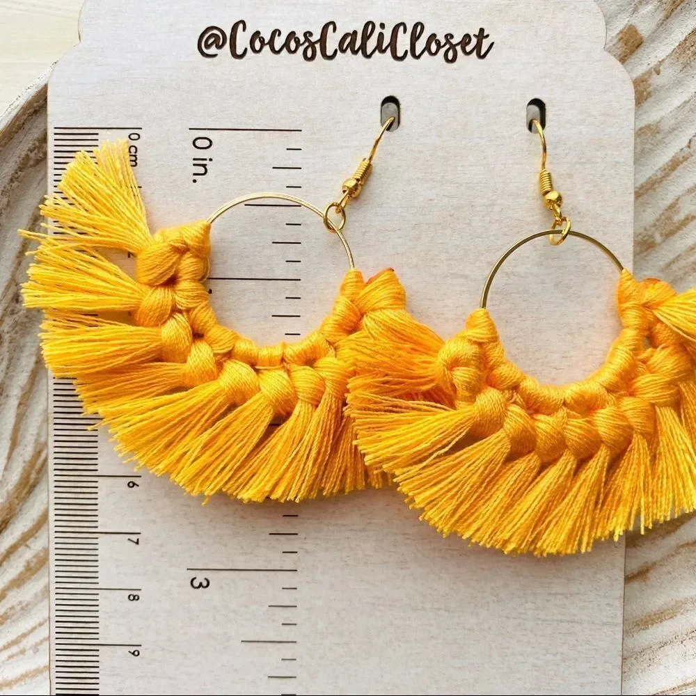 Boho Macrame Tassel Drop Hoop Earrings NWT